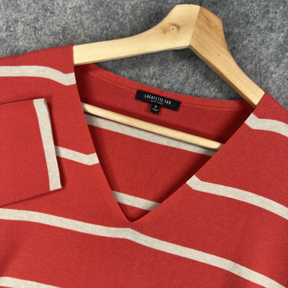 Lafayette 148 New York Sweater Womens Small Red Stripe V Neck Knit Pullover